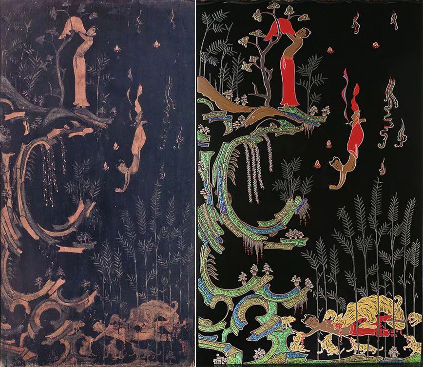左:飞鸟时代玉虫厨子局部《舍身饲虎图》; 右:现代复制品.